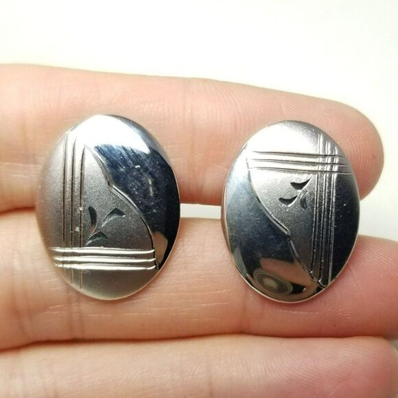 Vintage Sterling Silver Oval Cufflink, Etched Minimal Tbar Style, Formal Dress - Picture 1 of 7